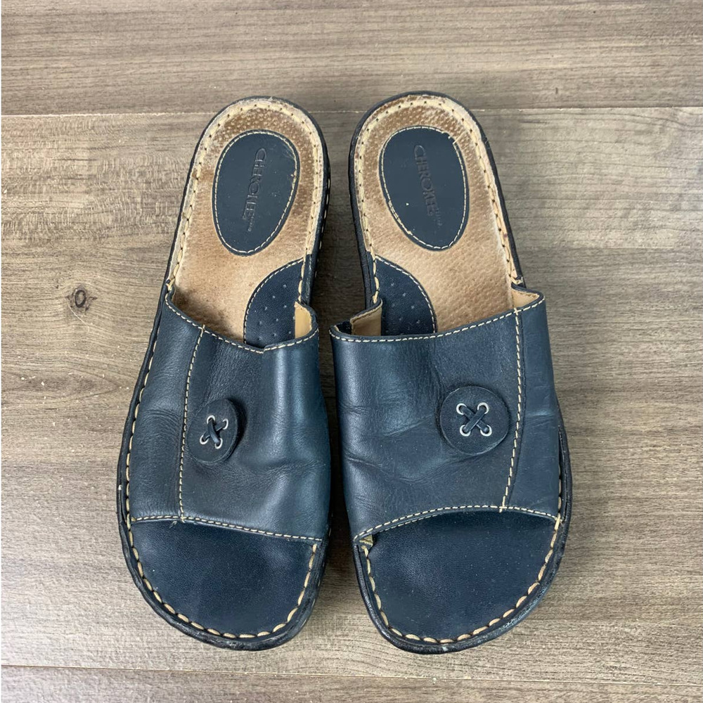 Cherokee Womens Slide Sandals Size 8 Blue Leather Open Toe Comfort Breathable